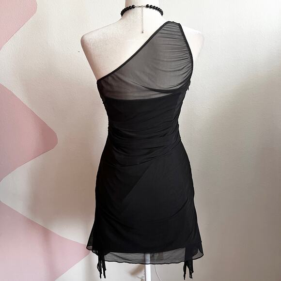 Black Mesh Asymmetrical Mini Dress Y2K 2000s Indie Sleaze Grunge Small‎ - Picture 3 of 7